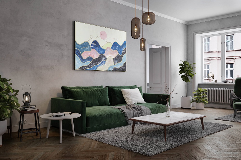 bunte Berglandschaft mit Mond über dem Sofa