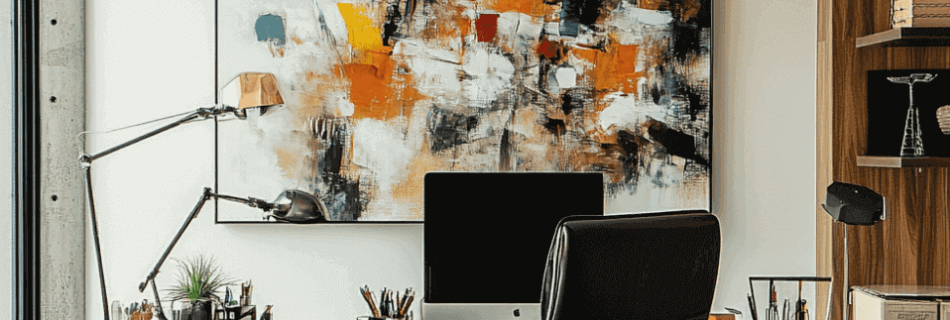 Ein modernes Büro mit einem Holzschreibtisch, einem Computer und einem abstrakten Gemälde in warmen Orange-, Schwarz- und Weißtönen, das einen stilvollen Arbeitsbereich schafft