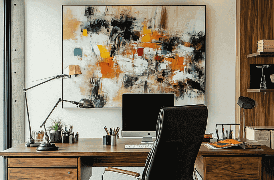 Ein modernes Büro mit einem Holzschreibtisch, einem Computer und einem abstrakten Gemälde in warmen Orange-, Schwarz- und Weißtönen, das einen stilvollen Arbeitsbereich schafft