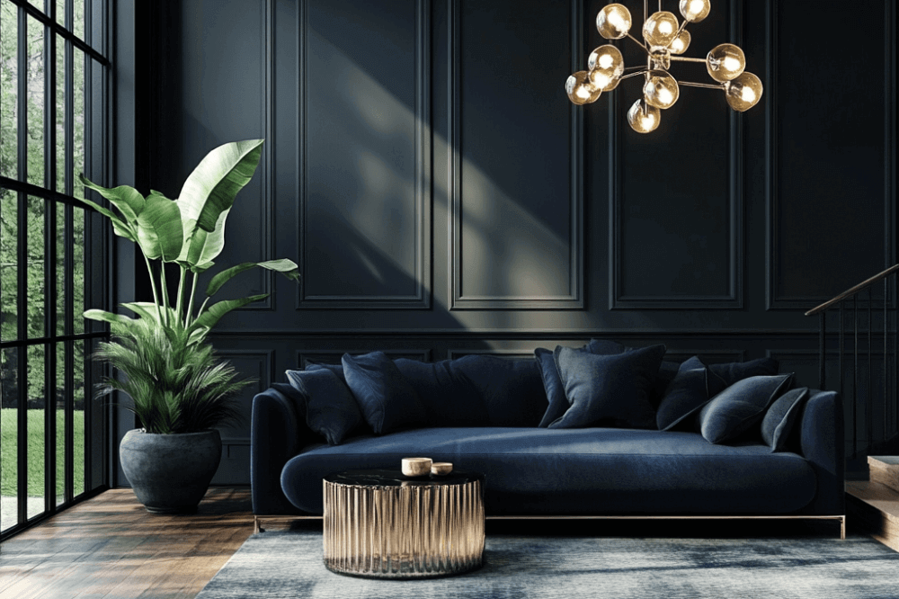 A luxurious, dark-themed living room with a navy sofa, gold coffee table, large plant, and a modern chandelier, bathed in natural light from floor-to-ceiling windows. (1)