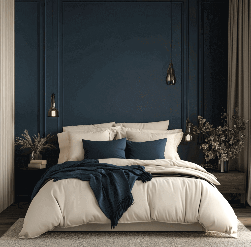 Gemütliches Schlafzimmer mit weißem Plüschbett, marineblauen Akzenten, dunkelblauer Wand, Hängelampen und Wärme spendenden Pflanzen