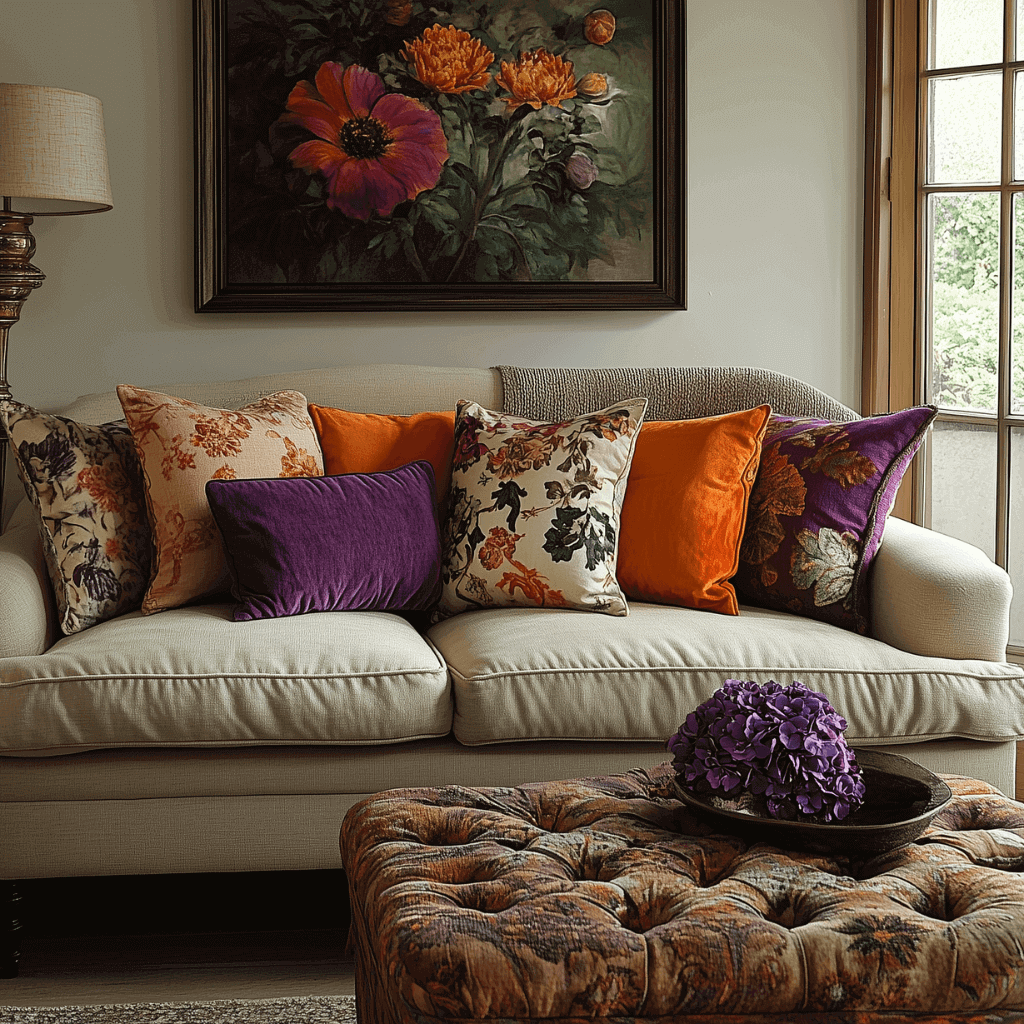 Ein gemütliches, cremefarbenes Wohnzimmer mit bunten Kissen, Blumenbild und Hortensien