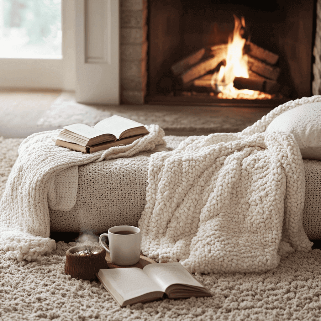 Eine gemütliche Szene am Kamin mit Büchern auf dem Teppich. Das Feuer schafft eine einladende Atmosphäre
