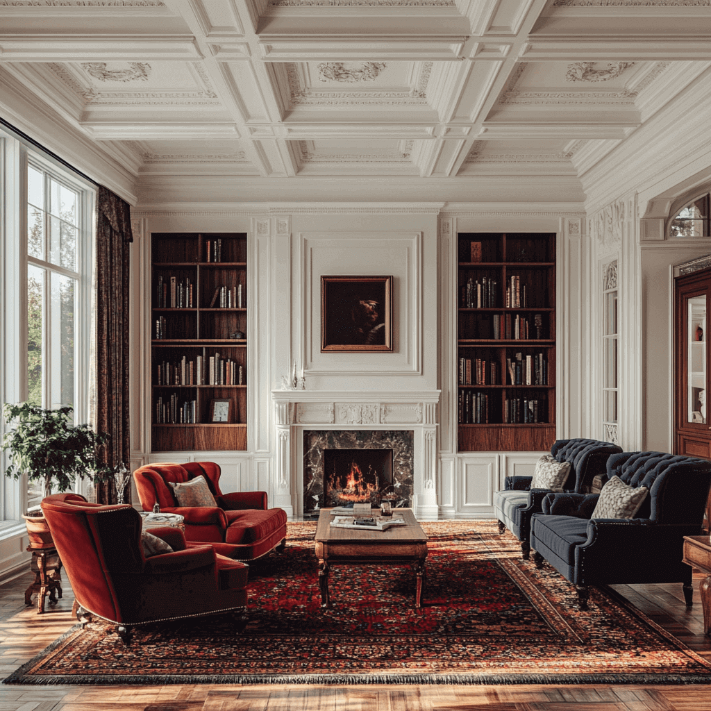 Großer traditioneller Salon mit weißer Kassettendecke, roten Sesseln und blauen Tuffsteinsofas