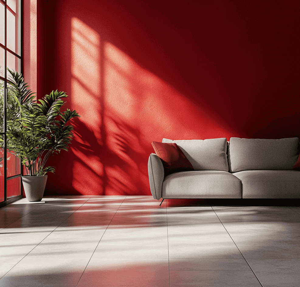 Minimalistisches Wohnzimmer mit einem grauen Sofa, einer kräftigen roten Wand, Sonnenlicht und Pflanzenschatten.