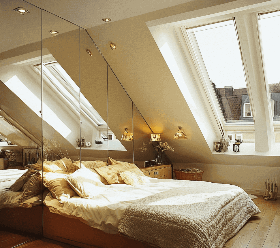 Ein Schlafzimmer im Dachgeschoss mit schrägen Decken, großen Dachfenstern, verspiegelten Wänden und einem gemütlichen Bett mit warmer, neutraler Einrichtung.