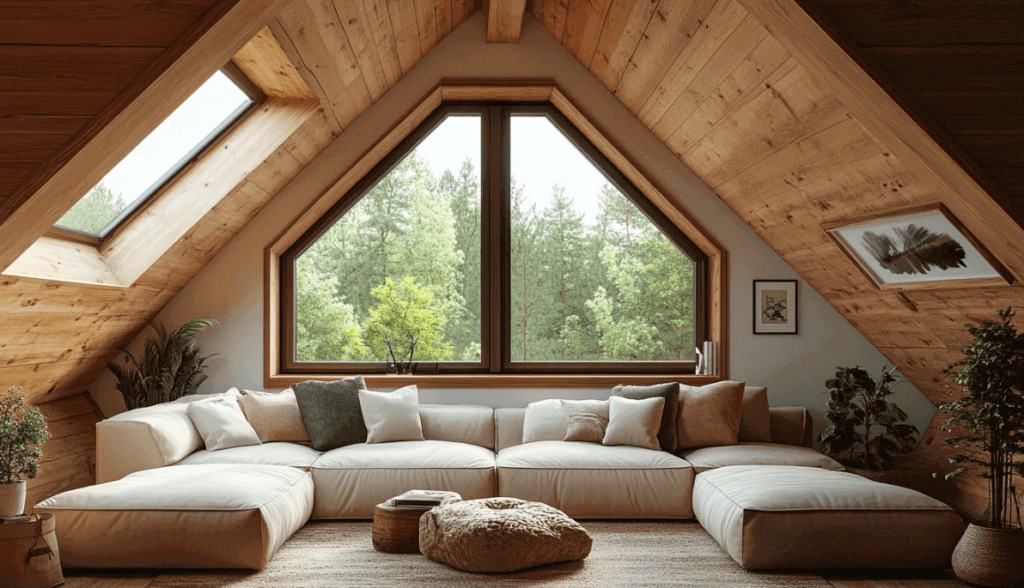 Ein gemütliches Wohnzimmer im Dachgeschoss mit einem cremefarbenen Sektionssofa, Holzbalken, großen Fenstern und Topfpflanzen, das in natürliches Licht getaucht ist