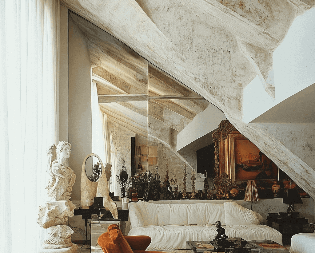 Ein raffiniertes Wohnzimmer mit einer rustikalen, schrägen Decke, verspiegelten Wänden und einer eklektischen Mischung aus Skulpturen, antiken Möbeln und einem weißen Sofa.