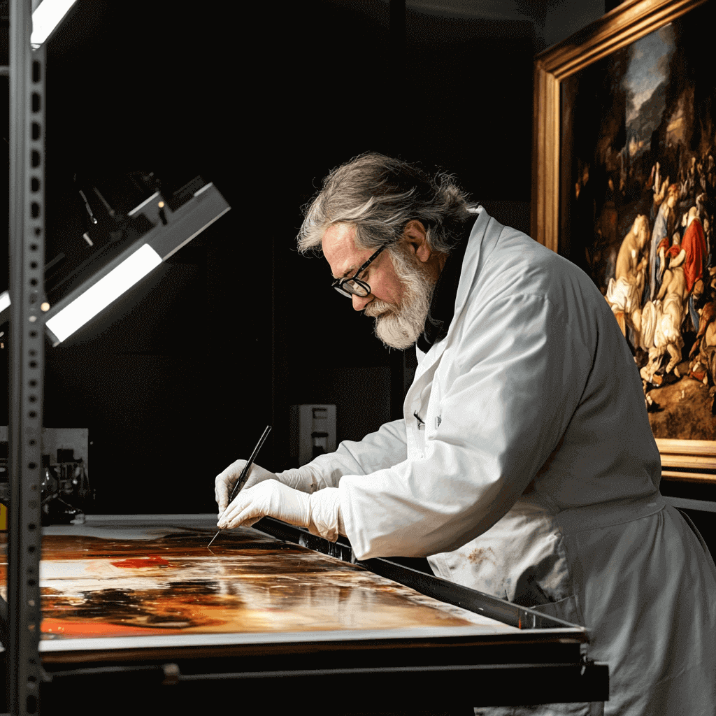 Ein Restaurator restauriert ein historisches Gemälde unter fokussiertem Licht, das Präzision und Detailtreue zeigt