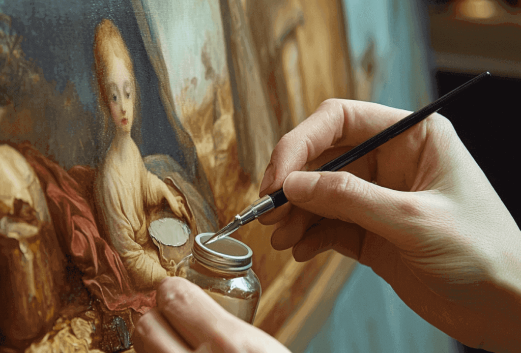 Nahaufnahme eines Restaurators, der mit feinem Pinsel und Restaurierungsmaterial ein klassisches Gemälde sorgfältig restauriert