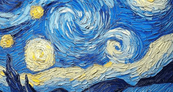 Eine lebhafte Darstellung von Van Goghs „Sternennacht“ mit wirbelndem Himmel, leuchtenden Sternen und einem friedlichen Dorf darunter