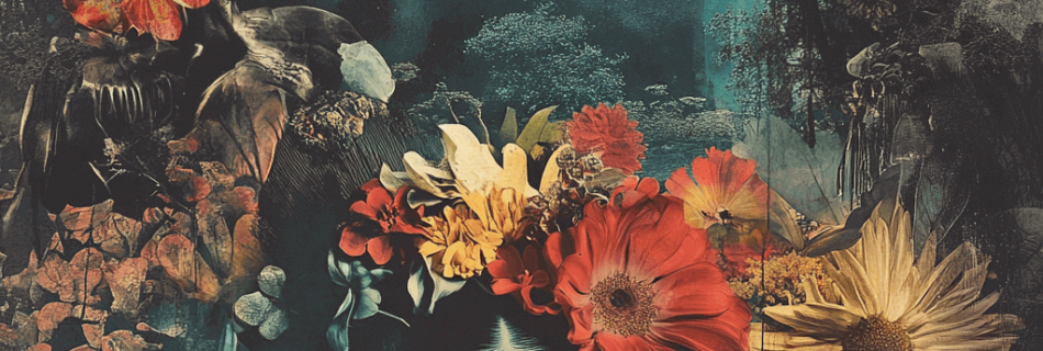 Eine surreale Komposition, die leuchtende Blumen mit abstrakten und schattenhaften Elementen vor einem traumhaften Waldhintergrund verbindet