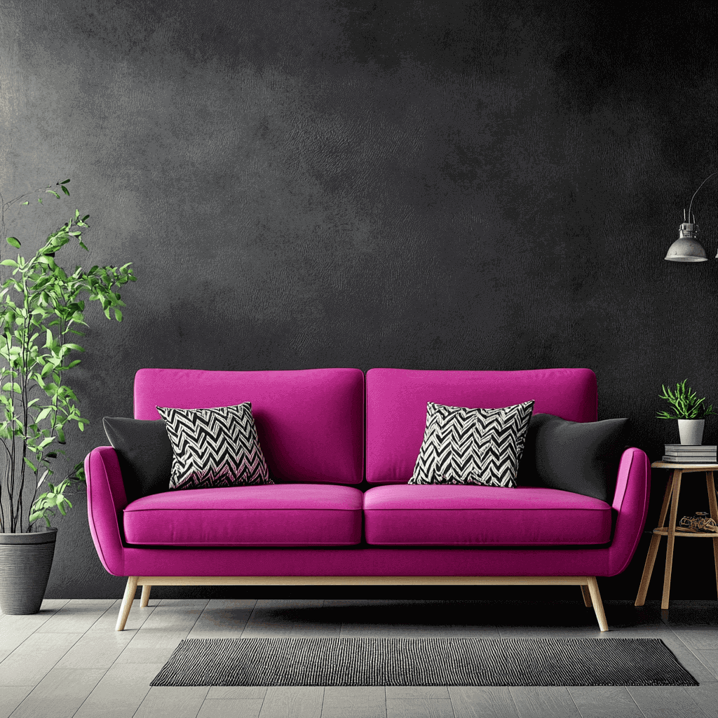 Minimalistisches Wohnzimmer mit einem magentafarbenen Sofa, schwarzen Wänden, Chevron-Kissen und grünen Akzenten