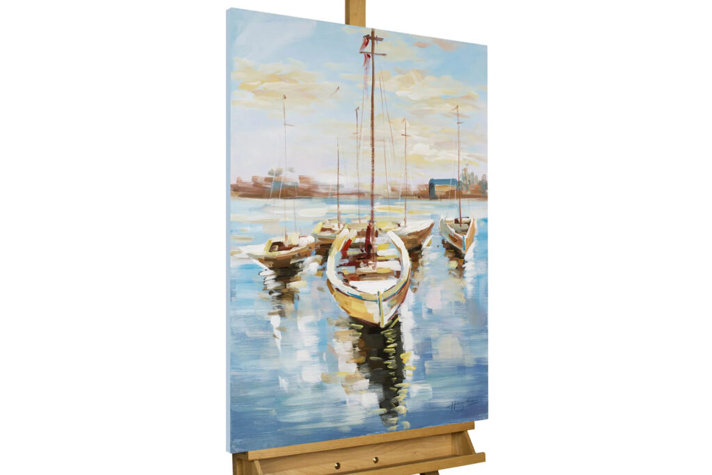 'Hafenromantik' handgemaltes Acrylbild Blau Hafen Segelboot Meer Sommer