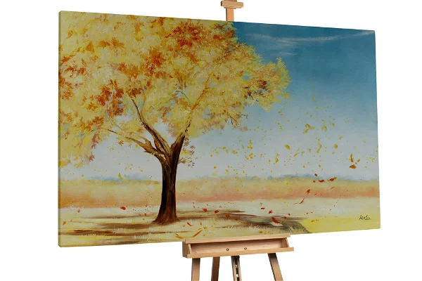 Ein Herbstbaum Ölgemälde mit fallenden gelben Blättern Ölgemälde