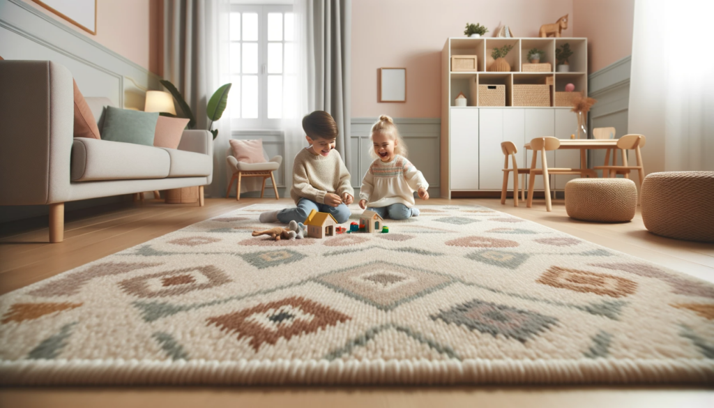 Foto eines gemütlichen Kinderzimmers mit einem weichen Teppich, während sie mit ihren Spielsachen spielen