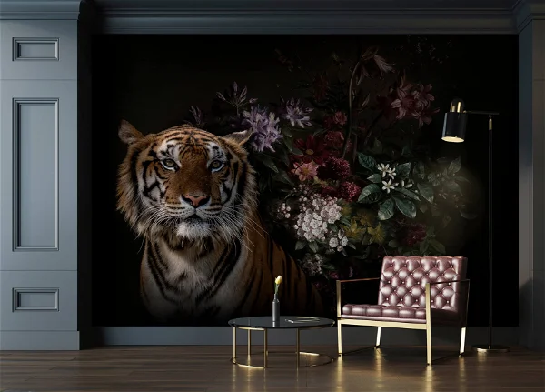 a wallpaper with tiger image and flower in black background