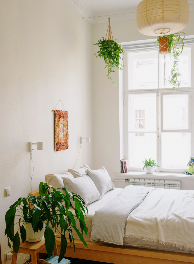 Ein Schlafzimmer mit Zimmerpflanzen und direktem Sonnenlicht