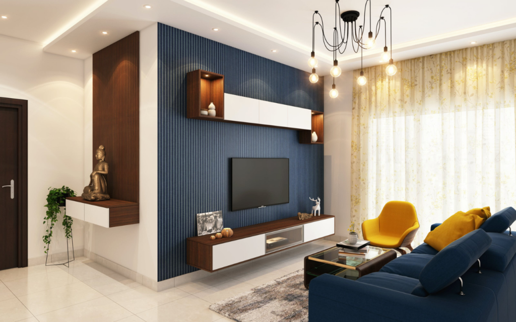 Modernes Wohnzimmer mit einer Hängeleuchte und einer Deckenbeleuchtung. Ein stilvolles blaues Sofa und ein gelber Sessel