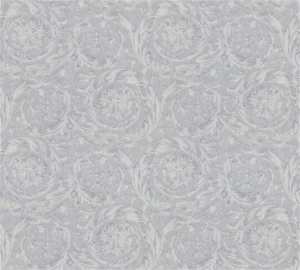 eine graue und silberne Tapete mit floralem Muster