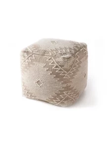 Cube-shaped pouf in beige with geometric woven designs, blending comfort and style.