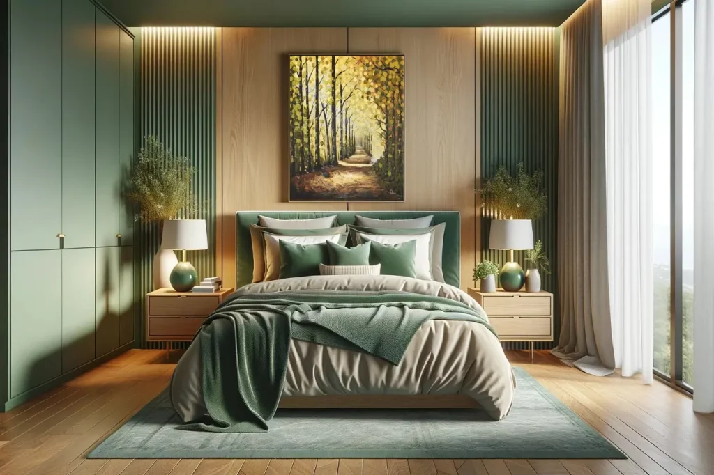 Gruen und holztoene als farbpalette fuer das schlafzimmer