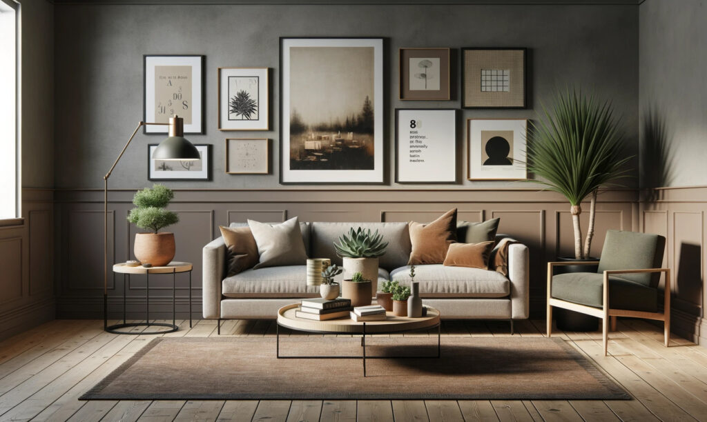Kombination von Postern und Leinwanddrucken in einem Wohnzimmer