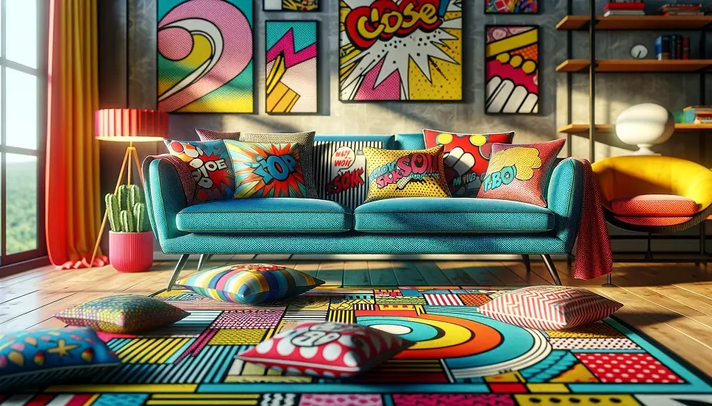 wohnlandschaft mit von der pop art inspirierten kissen und teppichen