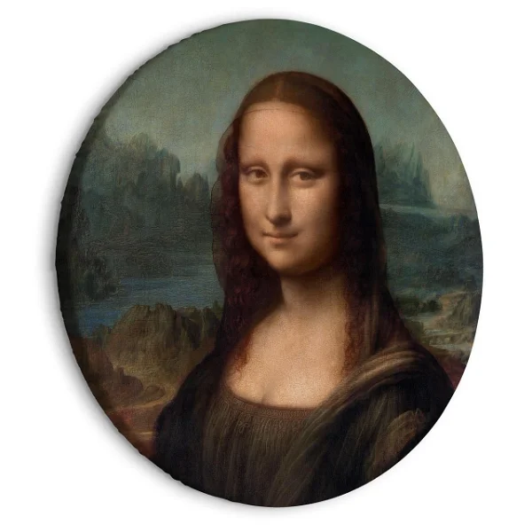 Detaillierter runder Leinwanddruck von Leonardo da Vincis Mona Lisa, der ihr heiteres und geheimnisvolles Lächeln zeigt, ideal für die moderne Wohnungseinrichtung.