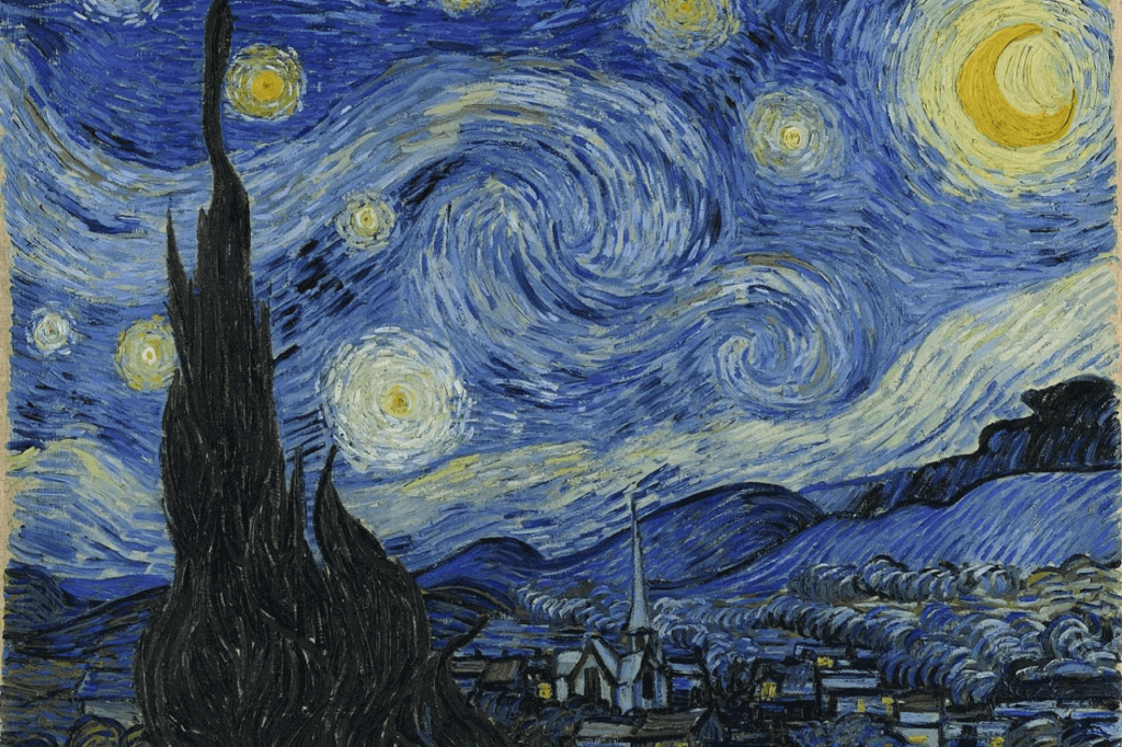 Der ikonische wirbelnde Himmel und die hellen Sterne über einem kleinen Dorf in Vincent van Goghs Sternennacht, die die dynamische Bewegung und die emotionale Tiefe der Szene einfangen.