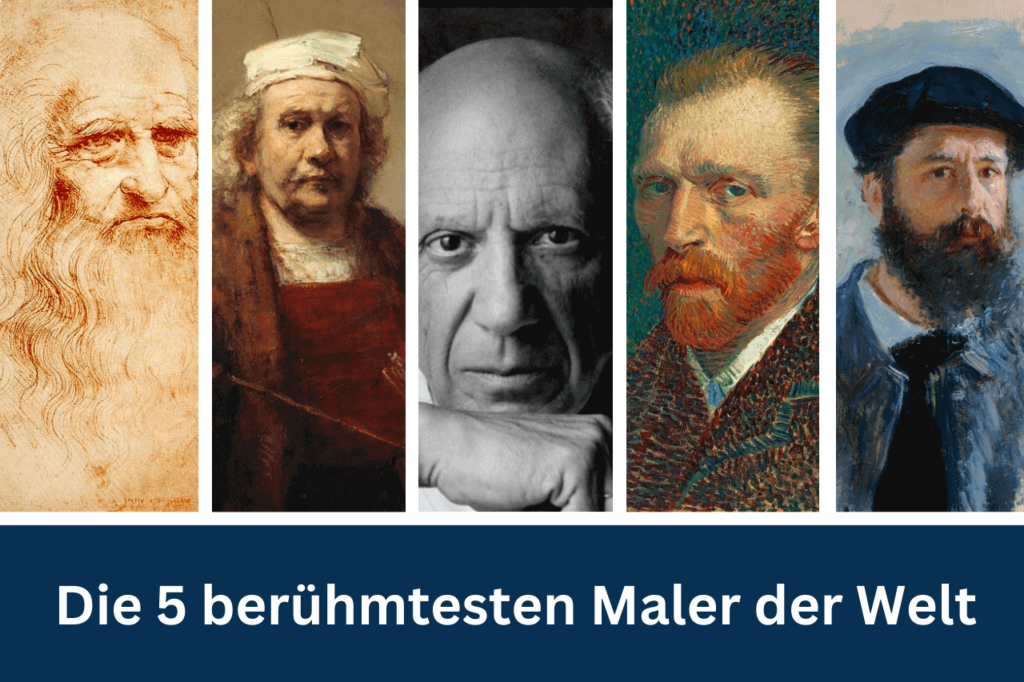 Lehrreiche Collage mit Leonardo da Vinci, Rembrandt, Picasso, Van Gogh und Monet unter dem Titel "Die 5 berühmtesten Maler der Welt", um die Meister der Kunst hervorzuheben.