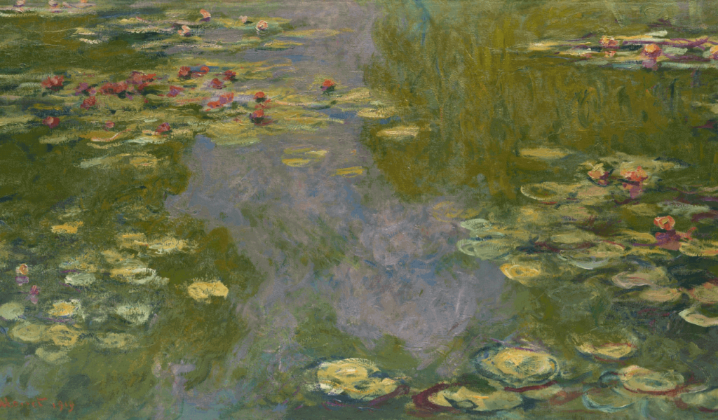 Die Seerosen von Claude Monet zeigen die ruhige Schönheit von Seerosen, die auf einem spiegelnden Teich schwimmen, mit leuchtenden Farben und impressionistischen Pinselstrichen.