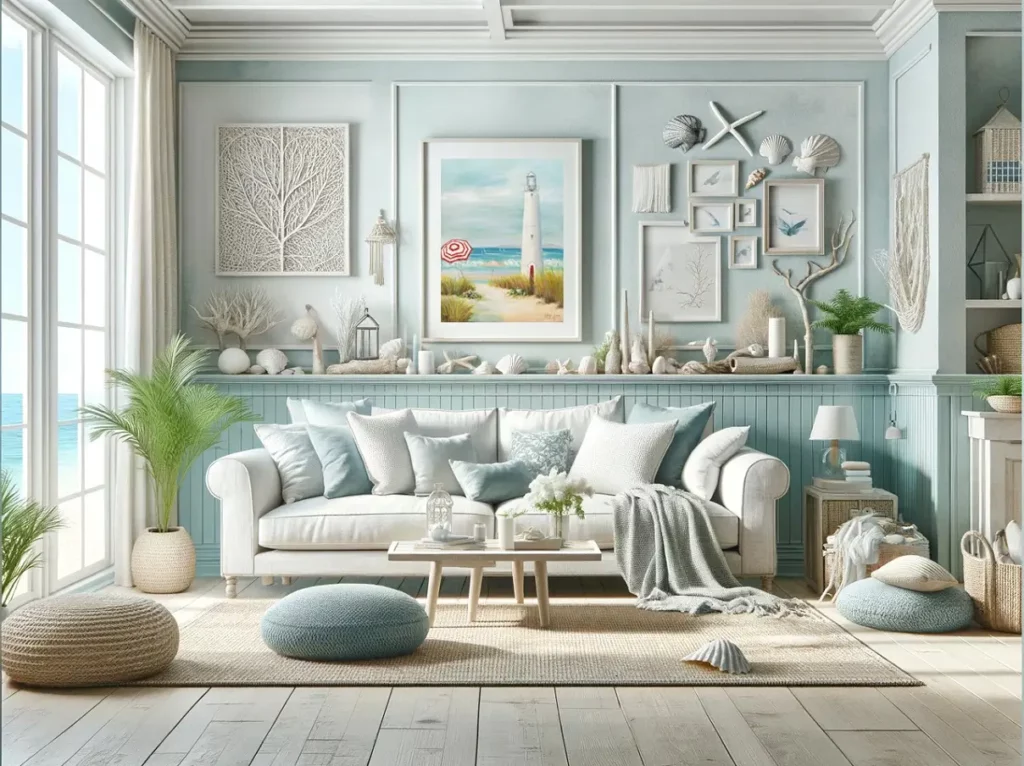 Ein Kuesten Wohnzimmer mit einer hellblauen Farbpalette