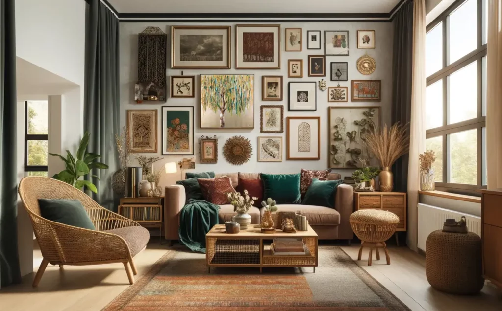 Ein Wohnzimmer im böhmischen Mitte Jahrhundert Stil mit erdigen Farben gestaltet und einer Galerie Wand