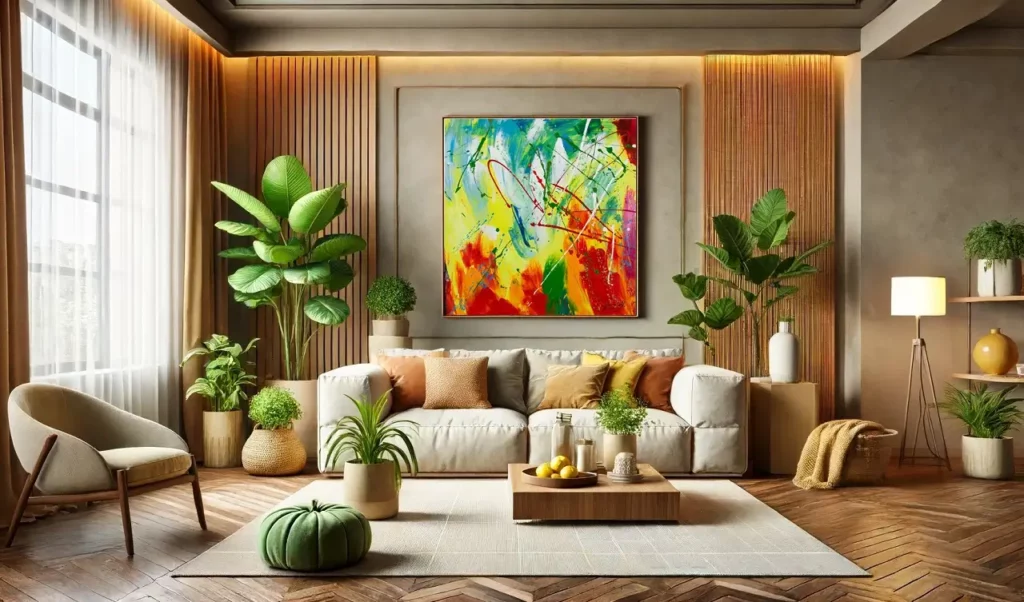 Ein großes Wohnzimmer Interieur mit warmer und gemütlicher Farbpalette