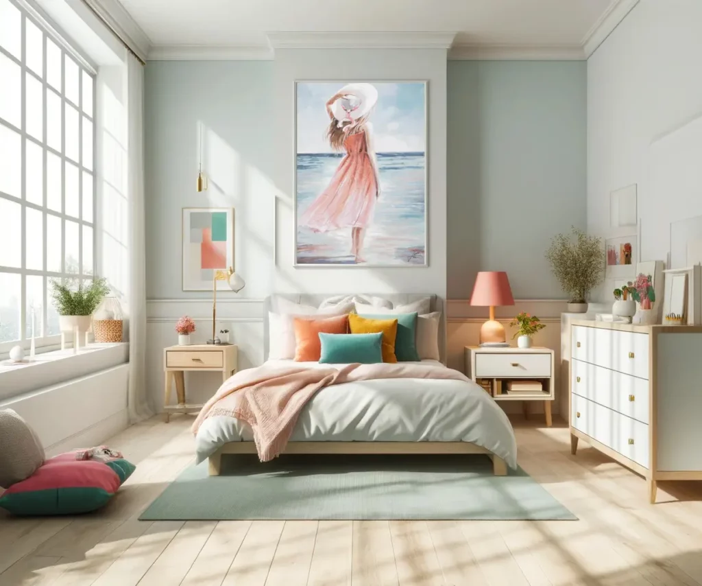 Ein helles und luftiges Schlafzimmer mit einer Palette aus zarten Pastellfarben und leuchtenden Farbtupfern