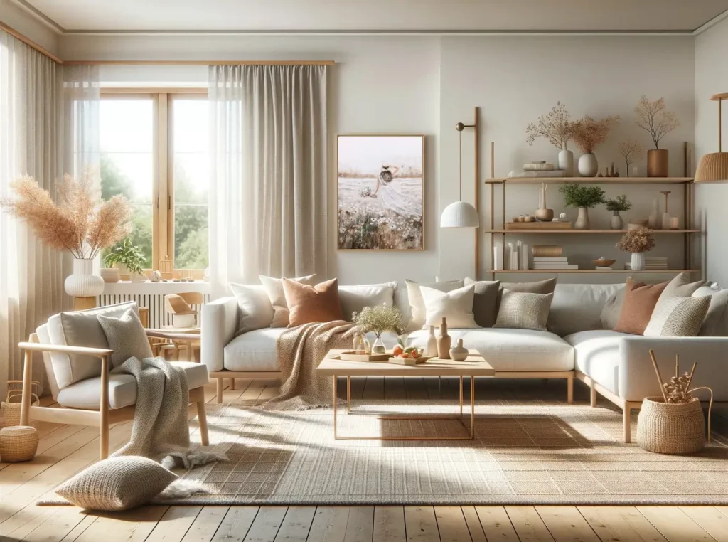 Ein skandinavisch inspiriertes Wohnzimmer mit minimalistischen Moebeln gemuetlichen Textilien und warmen Holzakzenten