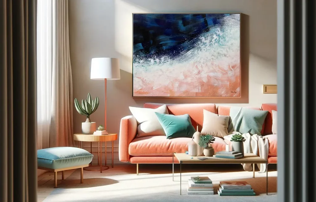 Eine fotorealistische Wohnlandschaft in einer zeitlosen Sommer Farbpalette von Korallen und Türkis Tönen