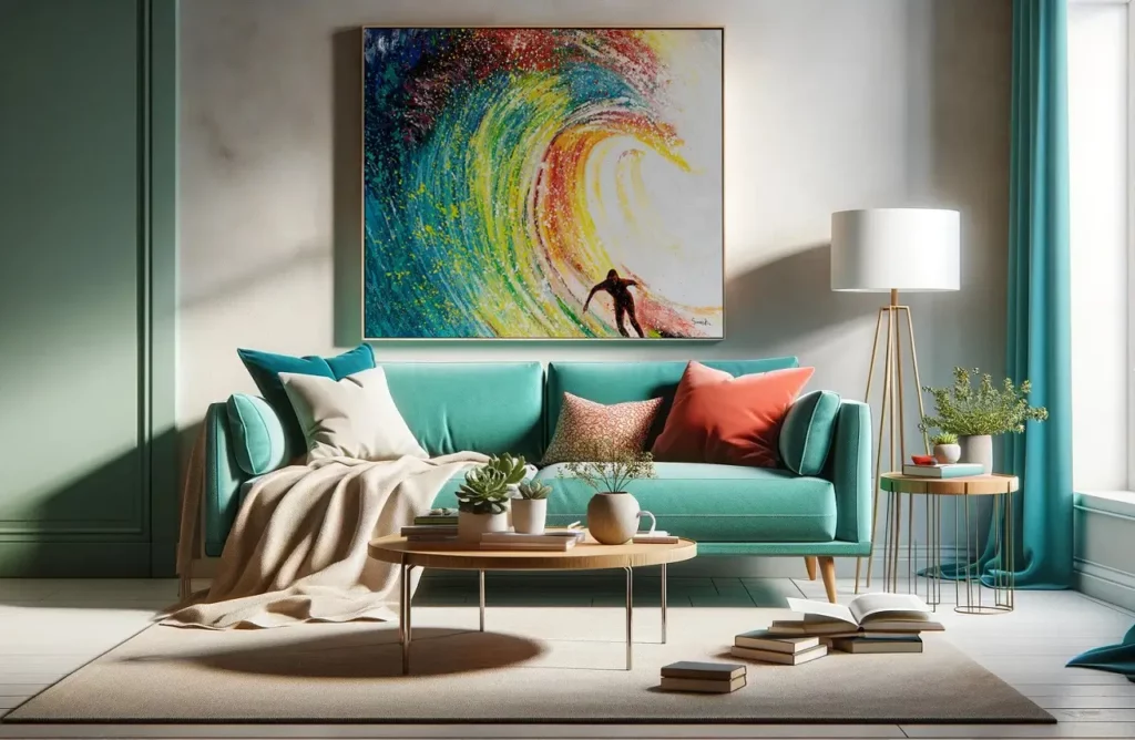 Eine fotorealistische Wohnlandschaft in einer zeitlosen Sommer Farbpalette von hellen und fetten Tönen