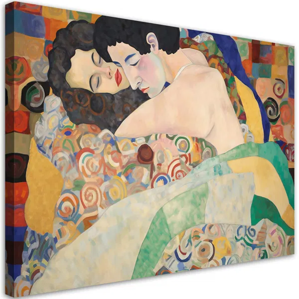 Leinwand-Kunstdruck eines Klimt-inspirierten Paares, das sich umarmt, umgeben von bunten Mustern und geometrischen Formen.