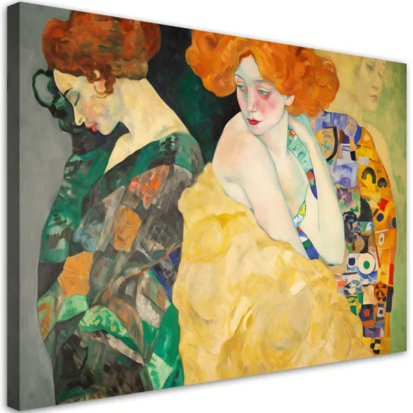 Von Klimt inspiriertes Leinwandbild mit drei Frauen in farbenfrohen Kleidern und ausdrucksstarken Posen.