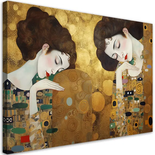 Von Klimt inspirierter Leinwanddruck, der zwei Frauen in eleganten Posen vor goldenem Hintergrund zeigt.