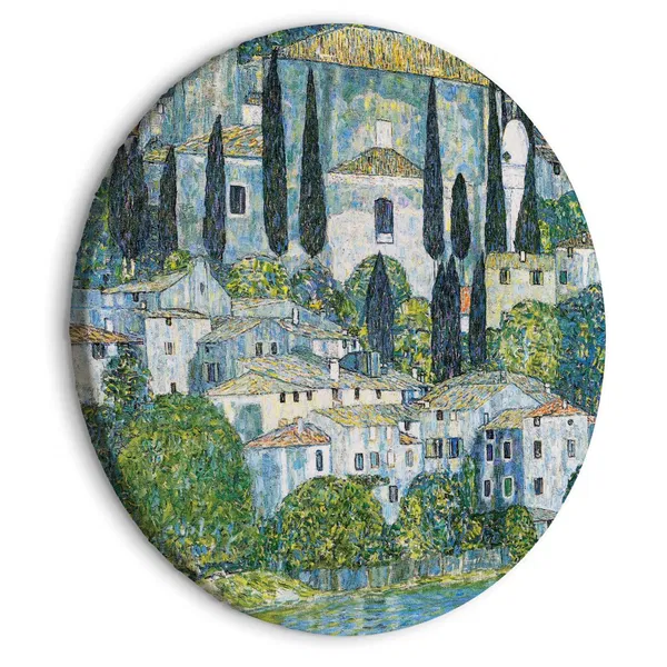Rundes Wandbild der Klimt'schen Landschaft mit Zypressen und Häusern am Hang.