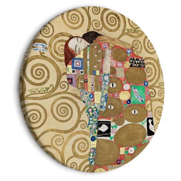 Rundes Kunstwerk von Klimts „Erfüllung“ mit wirbelnden Mustern und einem sich umarmenden Paar.