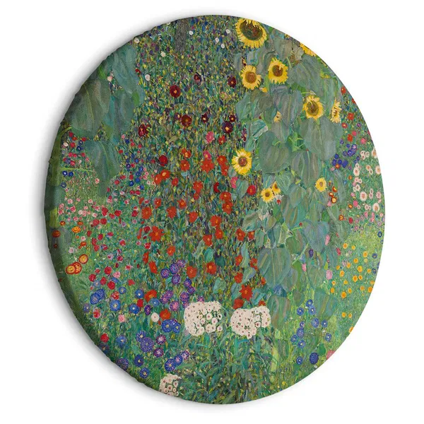 Rundes Wandbild mit Klimt-inspirierten Blumenmustern und Sonnenblumen.