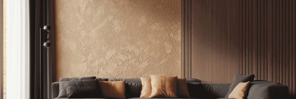 Modernes Wohnzimmer mit strukturierten beigen Wänden, dunkelgrauem Sektionssofa, orangefarbenen Kissen und runden Couchtischen.