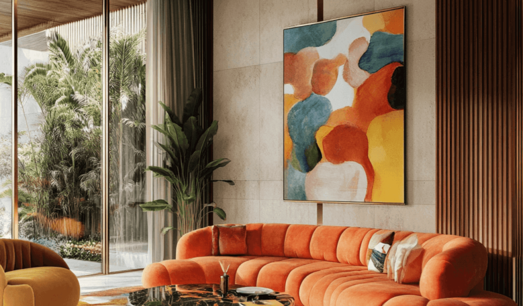 Ein modernes Haus mit Frühlingsmotiv, einem großen Gemälde an der Wand und einer orangefarbenen Couch