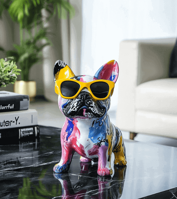 Graffiti-Skulptur einer französischen Bulldogge mit gelber Sonnenbrille auf einem schwarzen Marmortisch