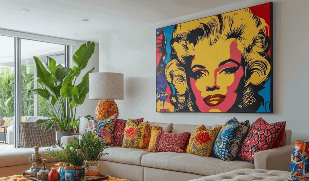 Pop-Art-Wohnzimmer mit einem Marilyn-Monroe-Kunstwerk, beigem Sofa und bunt gemusterten Kissen