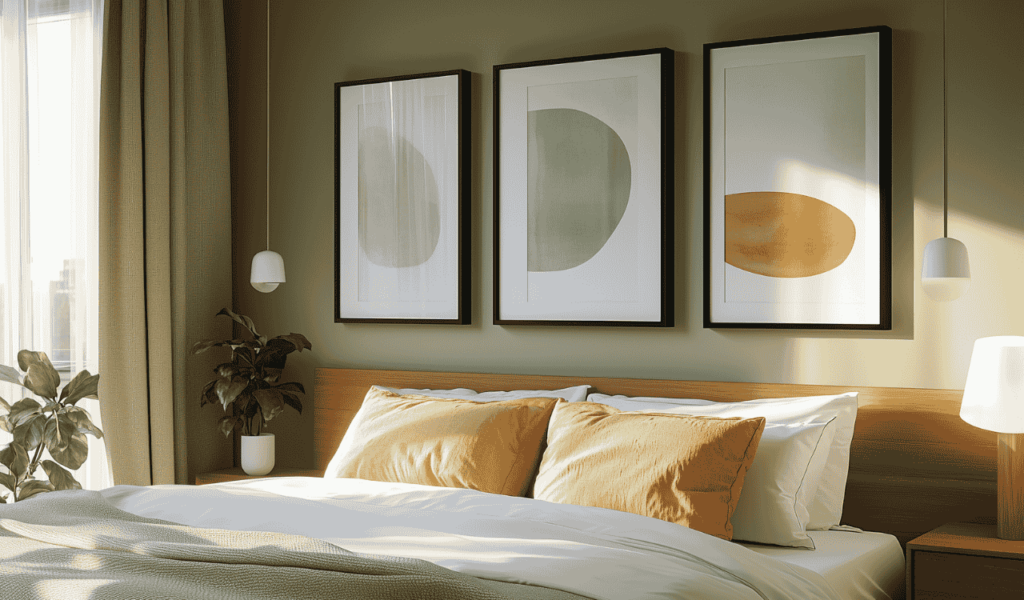 Ein gemütliches Schlafzimmer mit einem Holzbett, senfgelben Kissen, abstrakter Kunst, Hängelampen und einer Topfpflanze. Natürliches Licht strömt durch beigefarbene Vorhänge